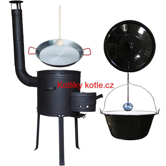 Smaltovaný kotlík 13 L (1,2 mm) + Paella pánev 38 cm + kotlina s vysokými nožičkami 36 cm, žáruvzdorná barva Plus 700