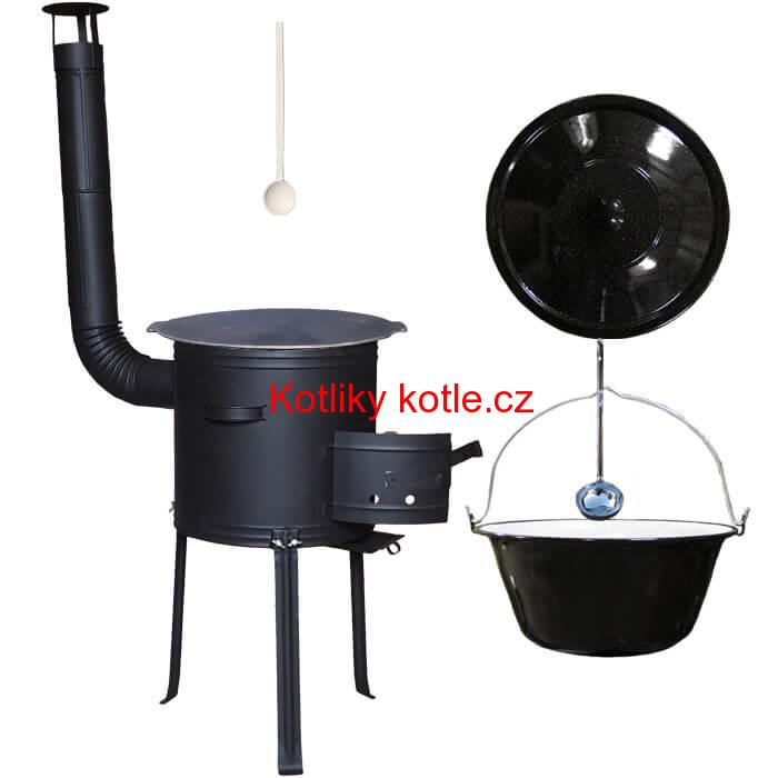 Smaltovaný kotlík 25 L + Litinová pánev 45 cm + kovová kotlina s vysokými nožičkami 42 cm, žáruvzdorná barva Plus 700