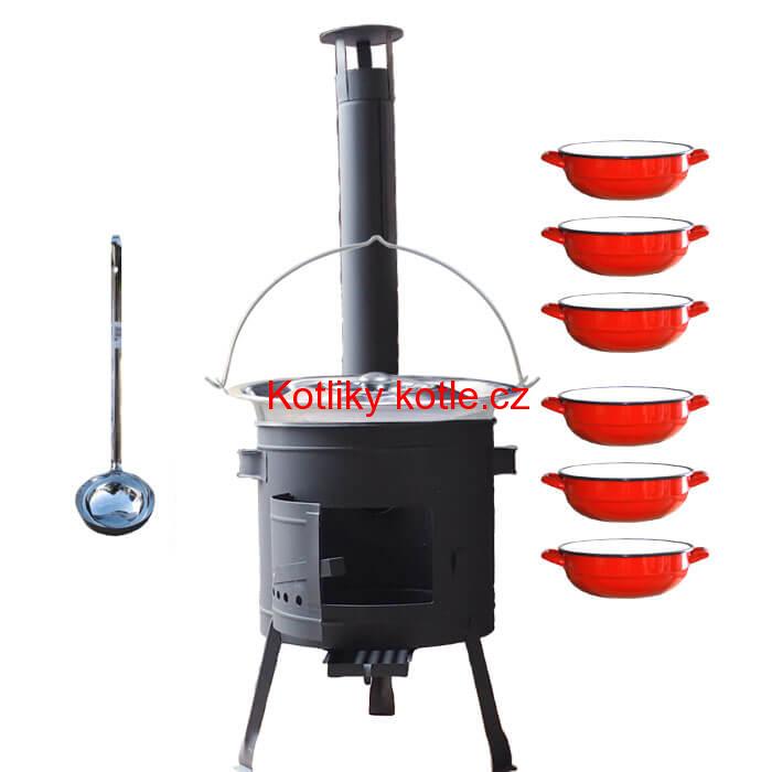 Nerezový kotlík 22 L (0,8 mm) INOX + selské misky 6 ks + nízká žáruvzdorná kotlina 42 cm PLUS 600