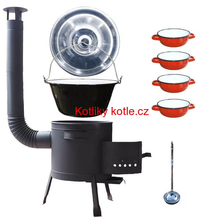 Smaltovaný kotlík 30 L + selské misky 4 ks + nízká žáruvzdorná kotlina 45 cm PLUS 600