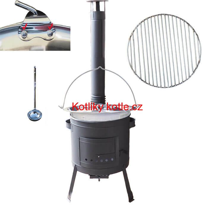 Nerezový kotlík 20 L (0,8 mm) s nýty INOX + Nerezový rošt 45 cm + nízká žáruvzdorná kotlina 42 cm PLUS 600