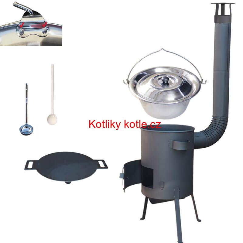 Nerezový kotlík 15 L (0,8 mm) s nýty + železná pánev 38 cm UNI + kotlina 36 cm PLUS 600 4 MM