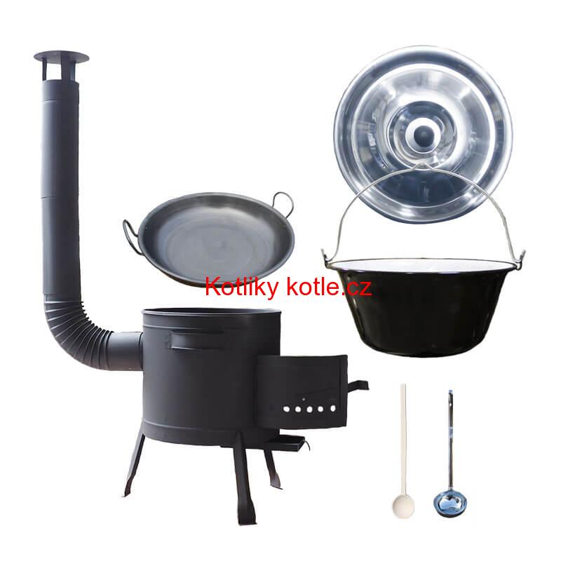 Smaltovaný kotlík 30 L (1,2 mm) + železná pánev 46 cm WOK + nízká žáruvzdorná kotlina 42 cm PLUS 600