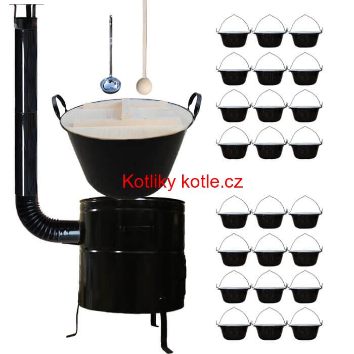 Smaltovaný kotel 100 L + servírovací kotlíky (24 ks) + vařečka a naběračka BIG PARTY