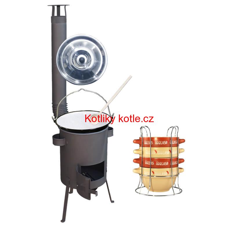 Smaltovaný kotlík 22 L (1,2 mm) + misky na guláš 4 ks + žáruvzdorná kotlina 42 PLUS 600 4 MM