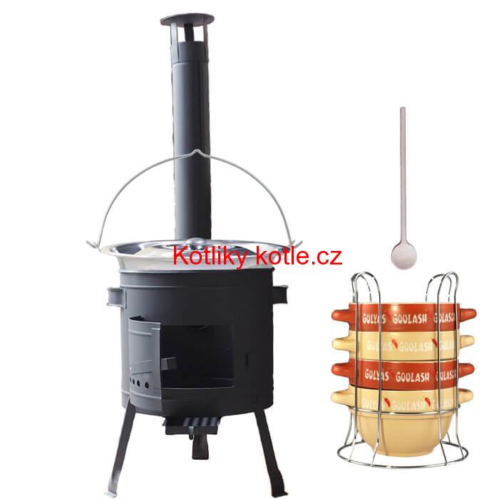 Nerezový kotlík 22 L (0,8 mm) INOX + misky na guláš 4 ks + nízká žáruvzdorná kotlina 42 PLUS 600
