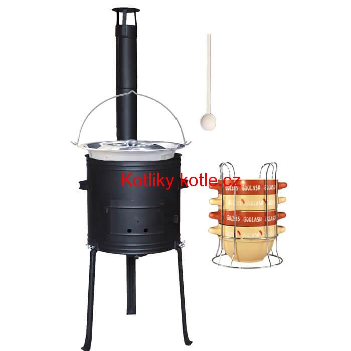 Nerezový kotlík 22 L (0,8 mm) INOX + misky na guláš 4 ks + nízká žáruvzdorná kotlina 42 PLUS 700