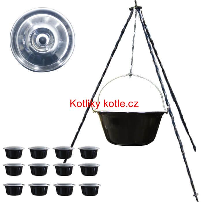 Smaltovaný kotlík 16 L (1,2 mm) + nerezová poklice + trojnožka 1,20 m + misky 12 ks