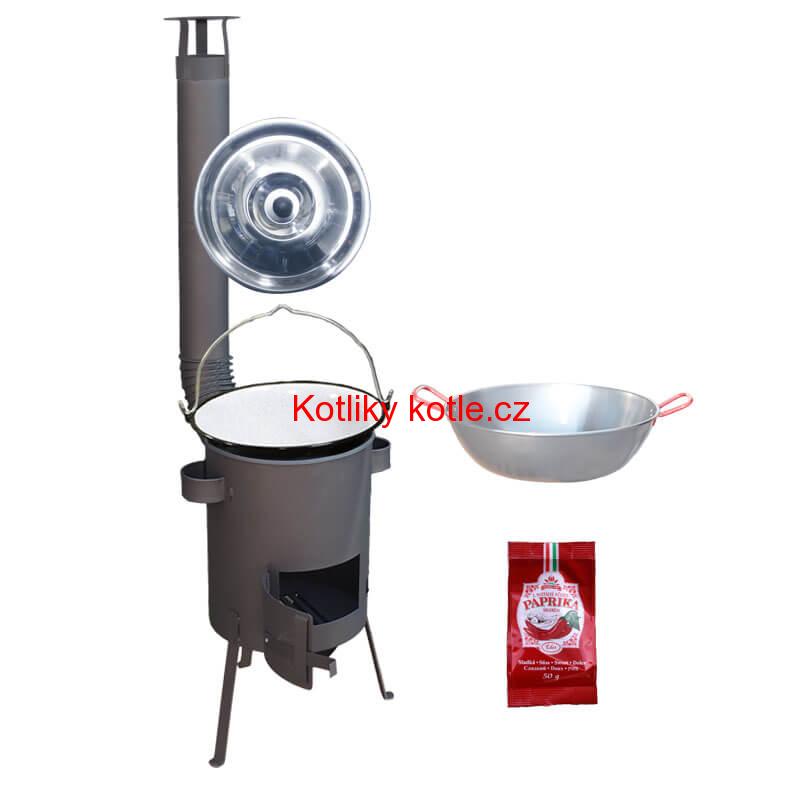 Smaltovaný kotlík 22 L + Pánev PAELLA (WOK) 45 cm + sladká paprika 50 g + žáruvzdorná kotlina 42 PLUS 600 s roštem na popel 4 mm