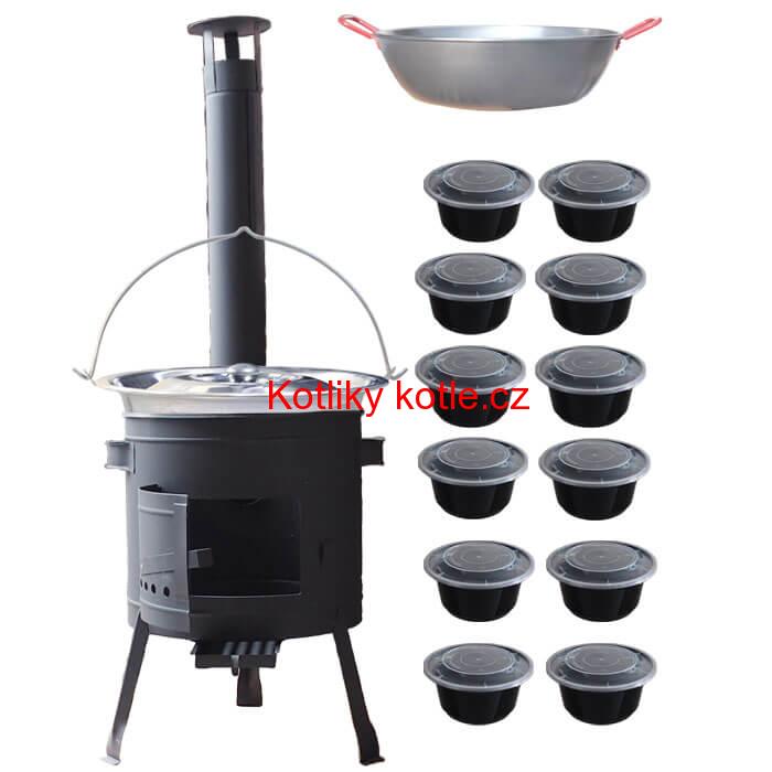 Nerezový kotlík 22 L (0,8 mm) INOX + Pánev PAELLA (WOK) 45 cm + misky 12 ks + nízká kotlina 42 PLUS 600
