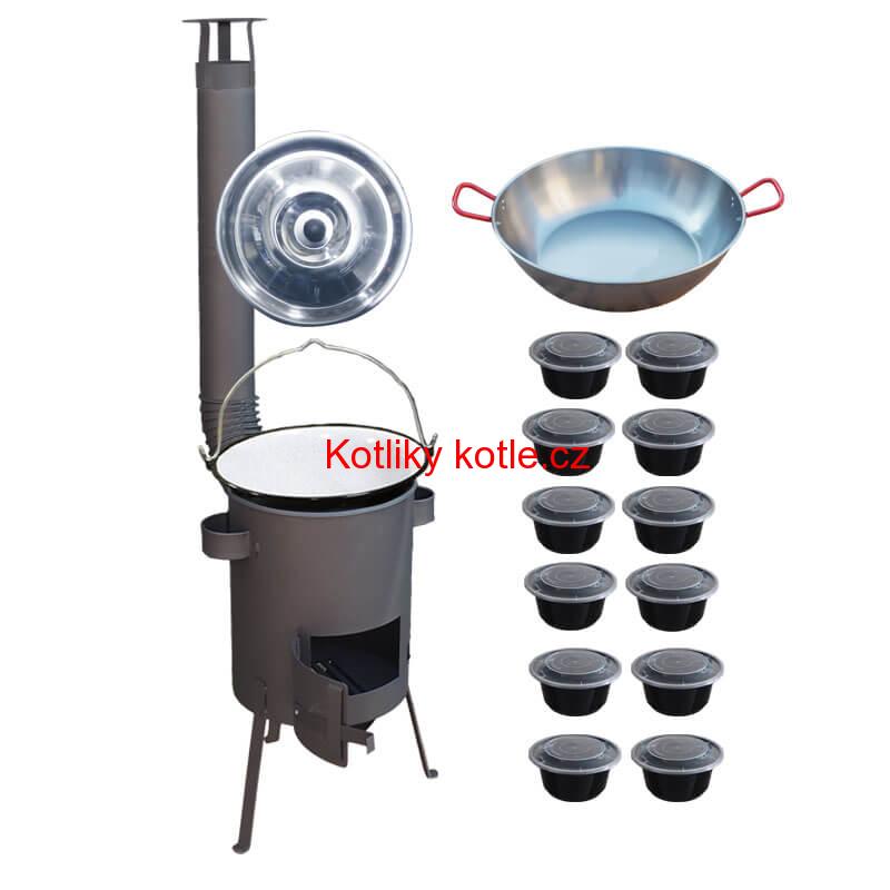 Smaltovaný kotlík 22 L + Pánev PAELLA (WOK) 45 cm + misky 12 ks + žáruvzdorná kotlina 42 PLUS 600 s roštem na popel 4 mm