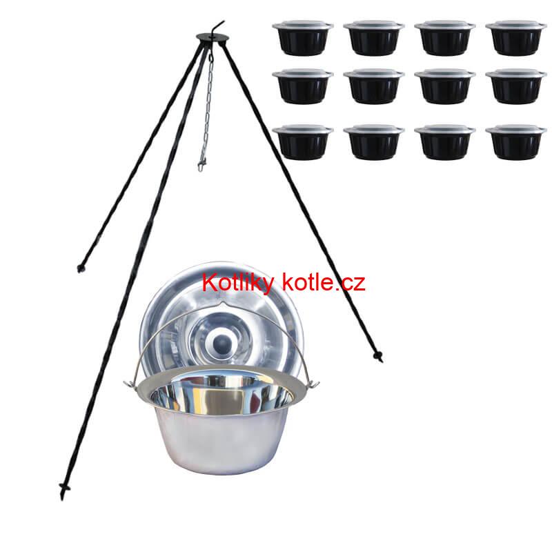 Nerezový kotlík 14 L (0,8 mm) INOX + poklice + trojnožka 1,20 m + misky 12 ks