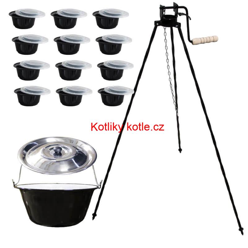 Smaltovaný kotlík 13 L + stojan s kladkou VAR + misky 12 ks