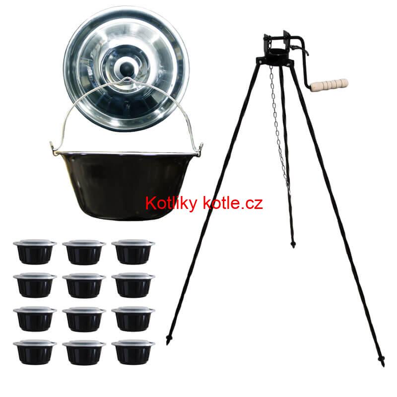 Smaltovaný kotlík 25 L + stojan s kladkou VAR + misky 12 ks