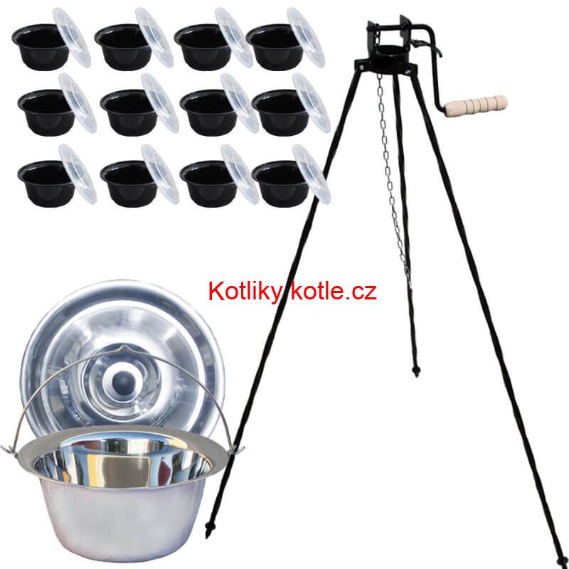 Nerezový kotlík 20 L (0,8 mm) INOX + stojan s kladkou VAR + misky 12 ks