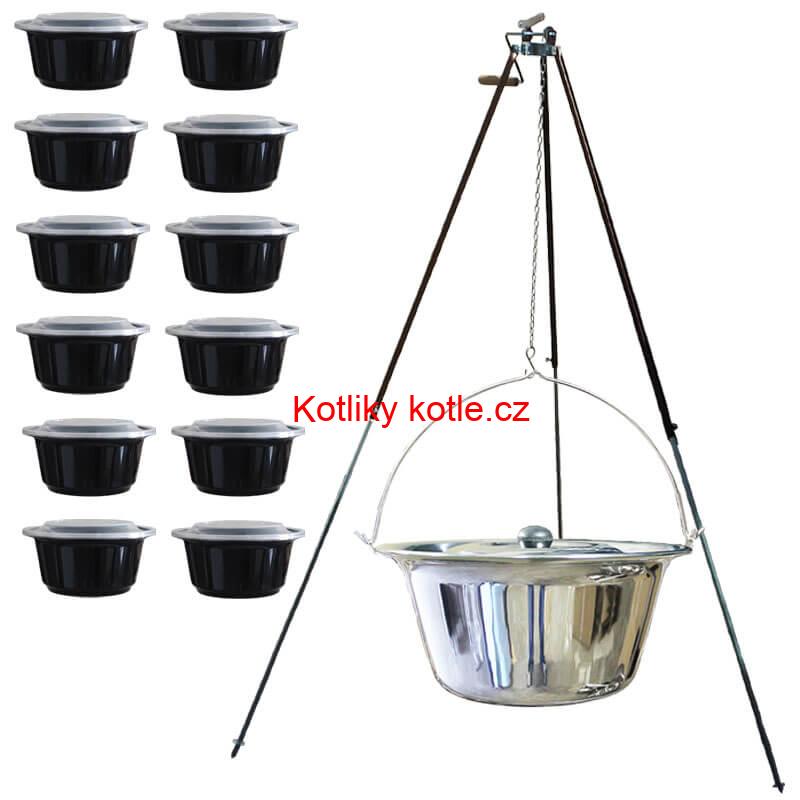 Nerezový kotlík 20 L (1,2 mm) + teleskopická trojnožka s pojistnou kladkou + misky 12 ks