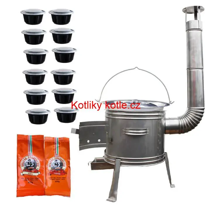 Nerezový kotlík 22 L (0,8 mm) INOX + nerezová kotlina 42 cm TOPLUX + misky 12 ks + 2 x pepř na guláš 100 g