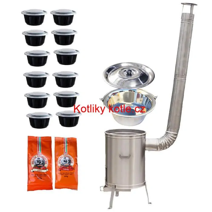 Nerezový kotlík 22 L (0,8 mm) INOX + nerezová kotlina 42 cm LUX + misky 12 ks + 2 x pepř na guláš 100 g