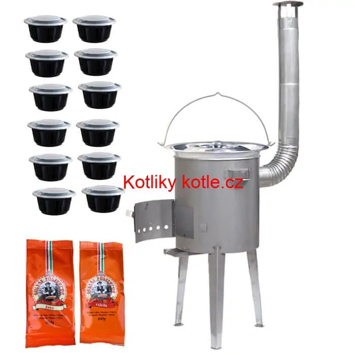 Nerezový kotlík 22 L (0,8 mm) INOX + nerezová kotlina 42 cm LUXUS + misky 12 ks + 2 x pepř na guláš 100 g