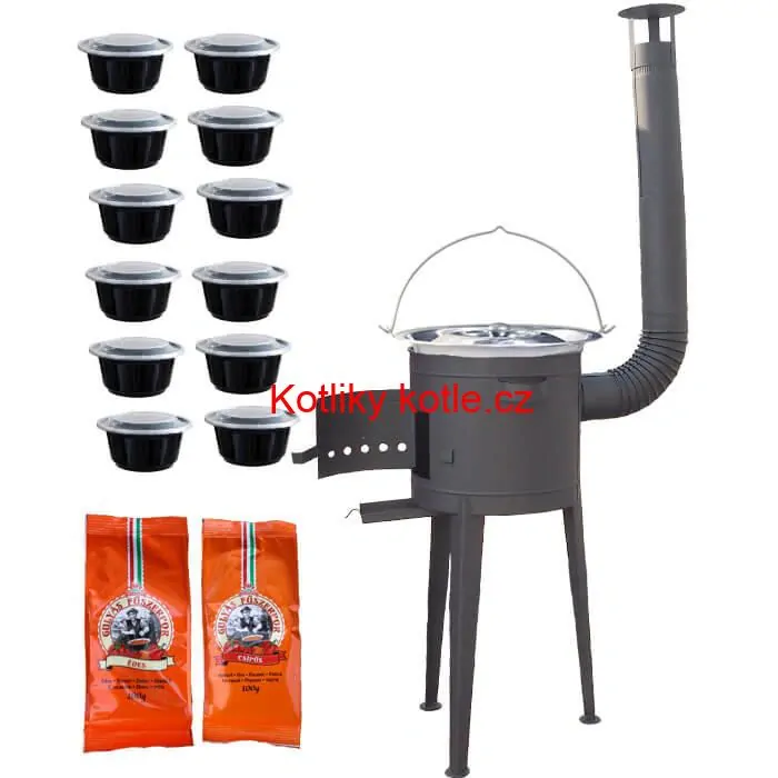 Nerezový kotlík 22 L (0,8 mm) INOX + vysoká žáruvzdorná kotlina (1,5 mm) HODO 42 cm PLUS 600 + misky 12 ks + 2 x pepř na guláš 100 g