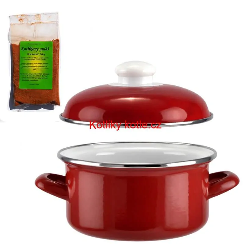 Smaltovaný kastrol s poklicí 2 L červený + pikantní směs koření 50 g Kotlíkový guláš