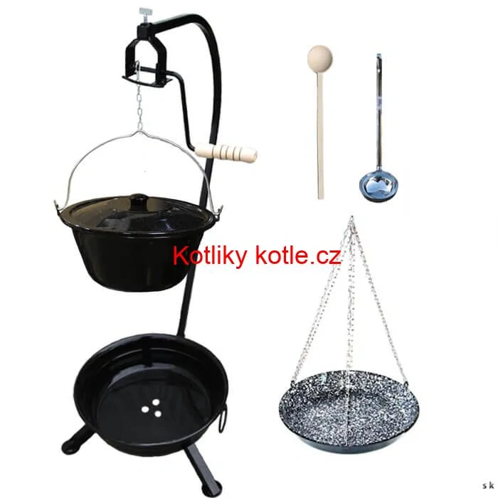 Smaltovaný kotlík 20 L + smaltovaná pánev a prenosne ohniště