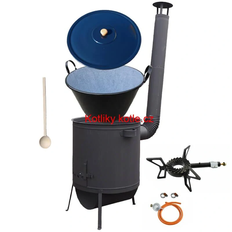 Smaltovaný kotel 70 L na zabijačku + žáruvzdorná kotlina 53 PLUS 600 4 MM + hořák 7,5 kW + vařečka