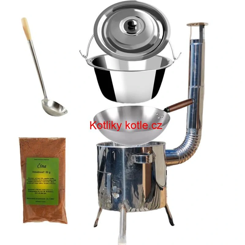Nerezový kotlík 10 L (0,8 mm) + nerezová kotlina 31 INOX LUSTRO + Wok + koření 50 g