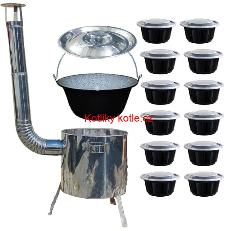 Smaltovaný kotlík 13 L + nerezová kotlina 36 INOX LUSTRO + misky 12 ks