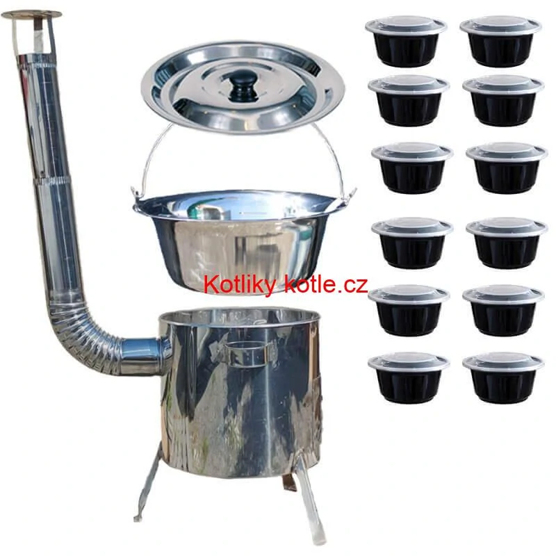Nerezový kotlík 14 L (0,8 mm) INOX + Nerezová kotlina 36 INOX LUSTRO + misky 12 ks