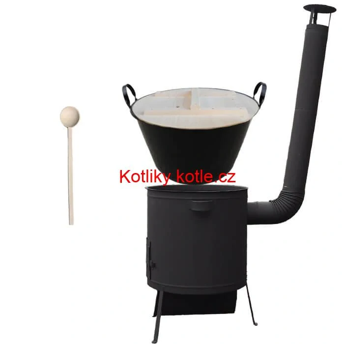 Zabijačkový smaltovaný kotel 100 L, žáruvzdorná kotlina 42 PLUS 600 4 MM, dřevěná poklice + vařečka