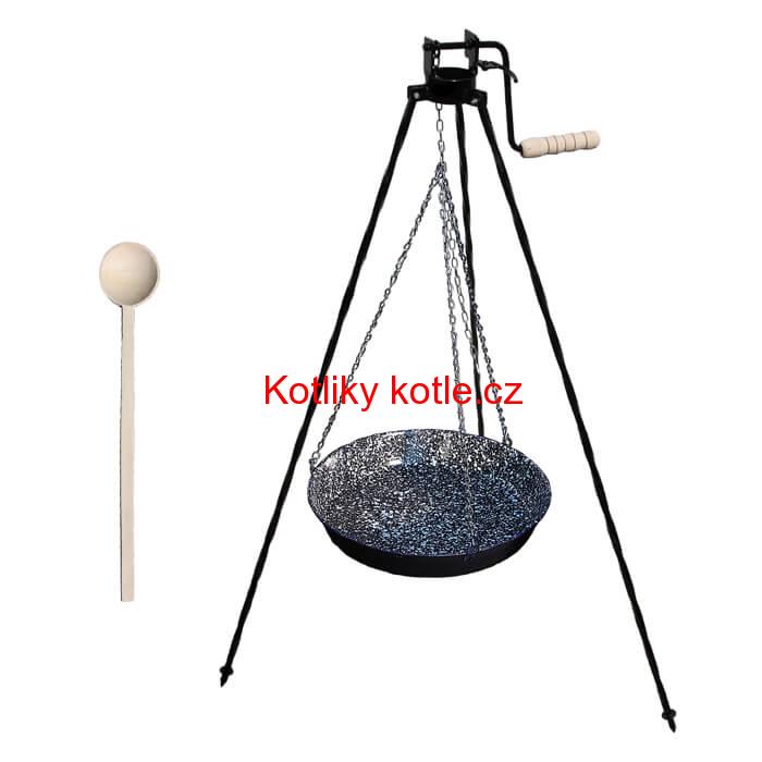 Smaltovaná pánev s řetízkem 42cm + trojnožka s pojistnou kladkou a vařečka GRILL
