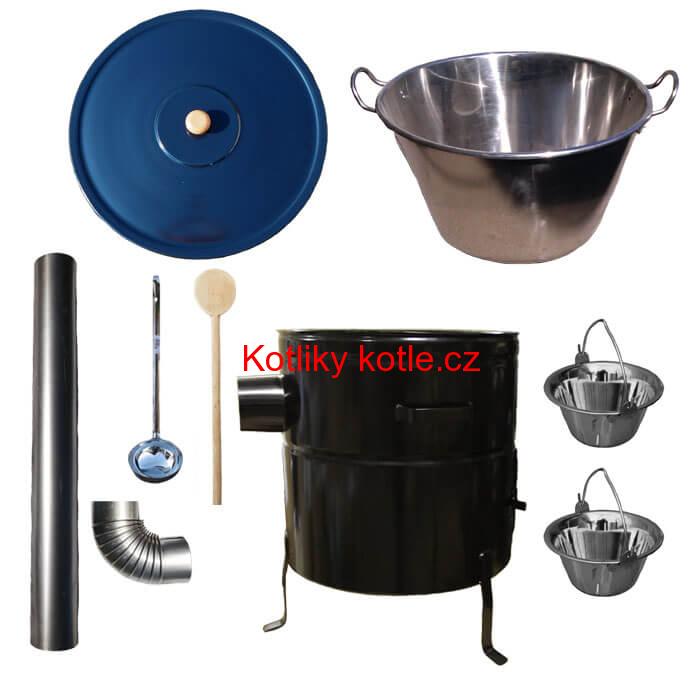 Zabijačkový nerezový kotel 80 L, kovová kotlina 58 cm, smaltovaná poklice + 2 servírovací nerezové kotlíky zdarma