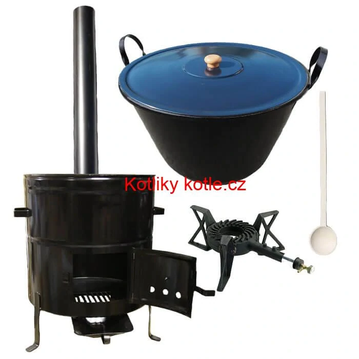 Zabijačkový smaltovaný kotel 70 L + kovová kotlina 56 cm + hořák 7 kW + kouřovod