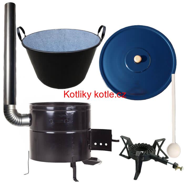 Zabijačkový smaltovaný kotel 80 L + kovová kotlina 58 cm + hořák 7 kW a  kouřovod