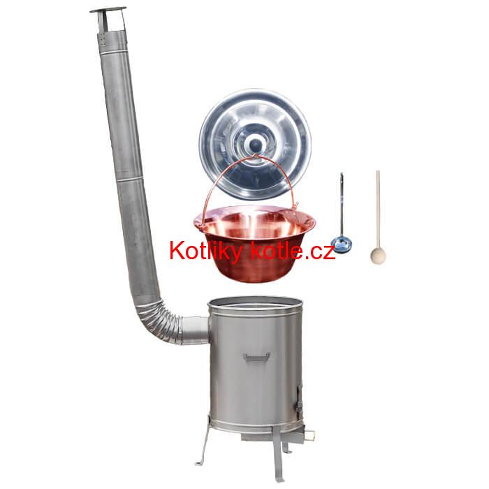 Měděný kotlík 14 L (1,2 mm) + nerezová kotlina 36 cm + vařečka a naběračka LUX