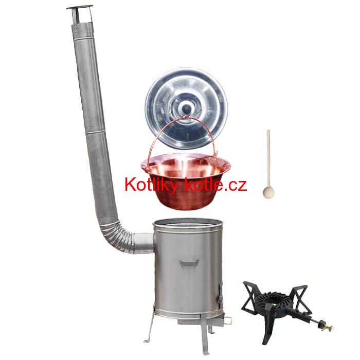 Měděný kotlík 10 L (1,2 mm) + nerezová kotlina 36 cm + litinový hořák 7 kW, vařečka LUX