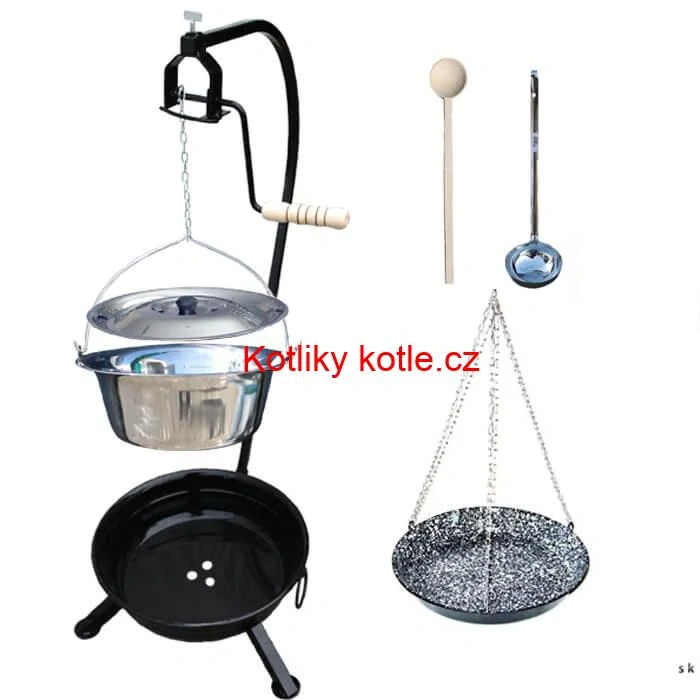 Nerezový kotlík 10 L (0,8 mm) INOX + smaltovaná pánev + ohniště se stojanem as pojistnou kladkou VAR