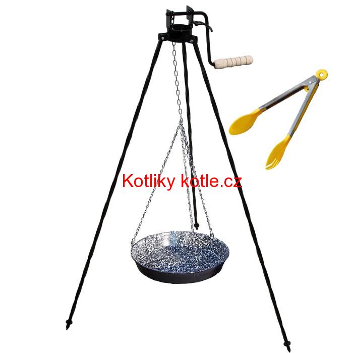 Smaltovaná pánev s řetízkem 42 cm + trojnožka s pojistnou kladkou a obracečka na maso GRILL PARTY 1