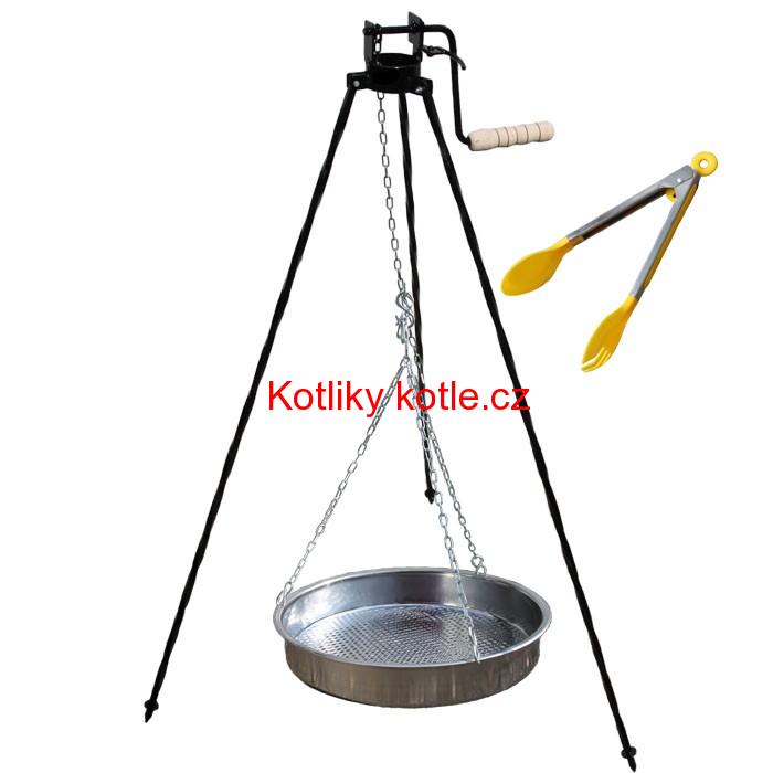 Nerezová pánev s řetízkem 42 cm + trojnožka s pojistnou kladkou a obracečka na maso GRILL PARTY 2