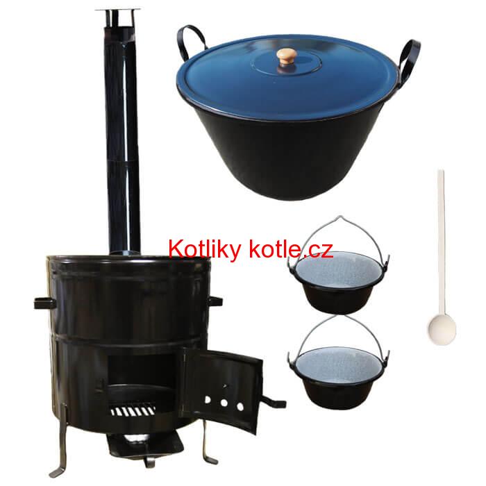 Zabijačkový smaltovaný kotel 70 L + kovová kotlina 56 cm + 2 servírovací kotlíky  a kouřovod