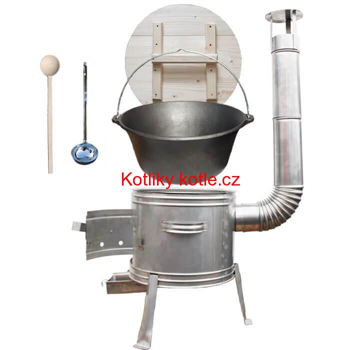 Litinový kotlík 22 L (0,8 cm) + nerezová kotlina 45 cm + vařečka a naběračka TOPLUX