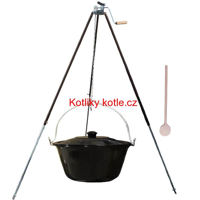 Smaltovaný kotlík 25 L (1,2 mm) + teleskopická trojnožka s pojistnou kladkou + poklice