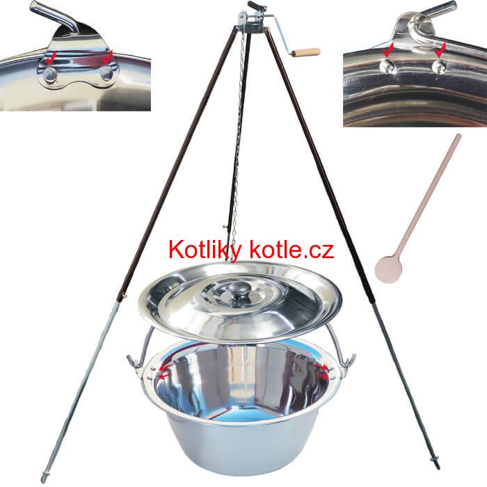 Nerezový kotlík 30 L (0,8 mm) s nýty + teleskopická trojnožka s pojistnou kladkou + poklice