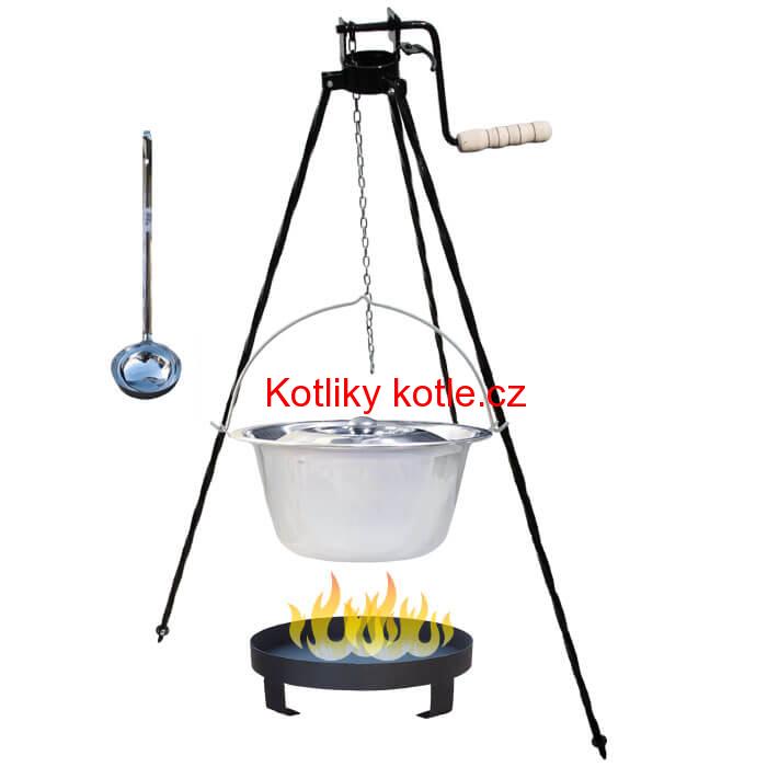 Nerezový kotlík 14 L (0,8 mm) + Ohniště + stojan s kladkou VAR