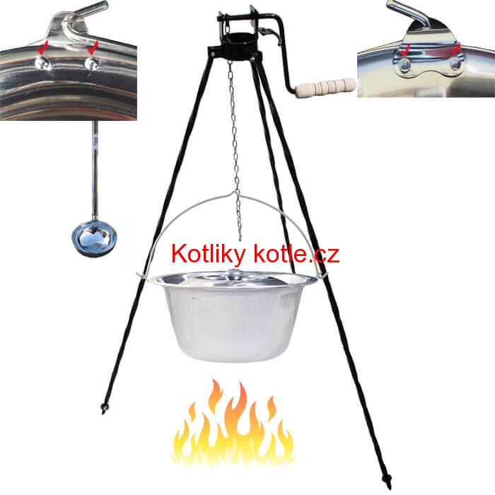Nerezový kotlík 15 L (0,8 mm) s nýty + stojan s kladkou VAR