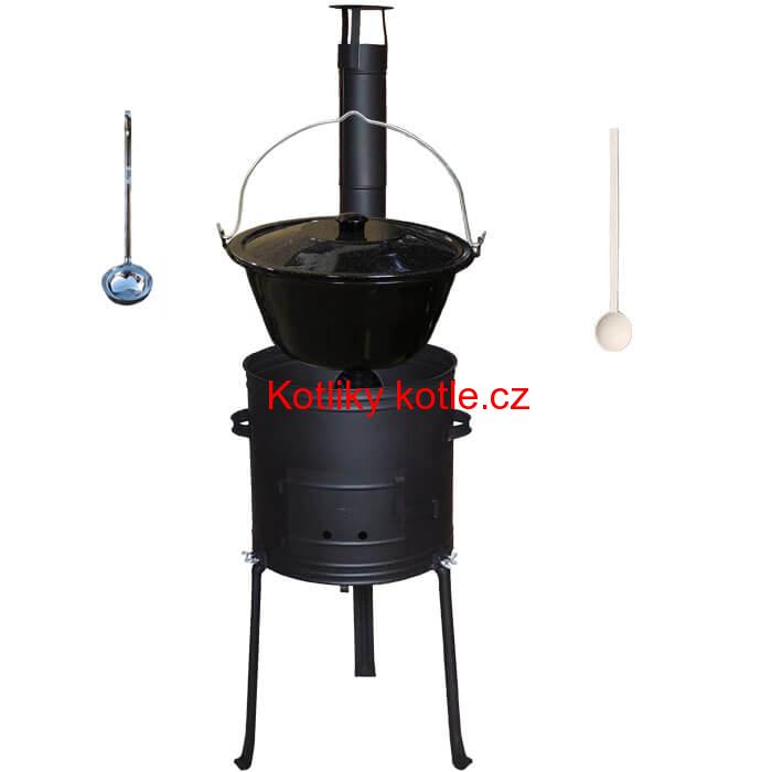 Smaltovaný kotlík 13 L (1,2 mm) + kovová kotlina s vysokými nožičkami 36 cm + vařečka a naběračka