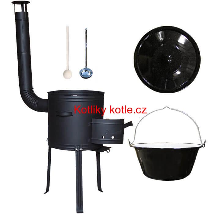 Smaltovaný kotlík 20 L + kovová kotlina s vysokými nožičkami 42 cm, žáruvzdorná barva Plus 700 + vařečka a naběračka
