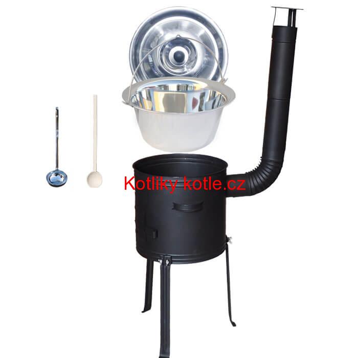 Nerezový kotlík 14 L (0,8 mm) + kovová kotlina s vysokými nožičkami 36 cm, žáruvzdorná barva Plus 700 + vařečka a naběračka