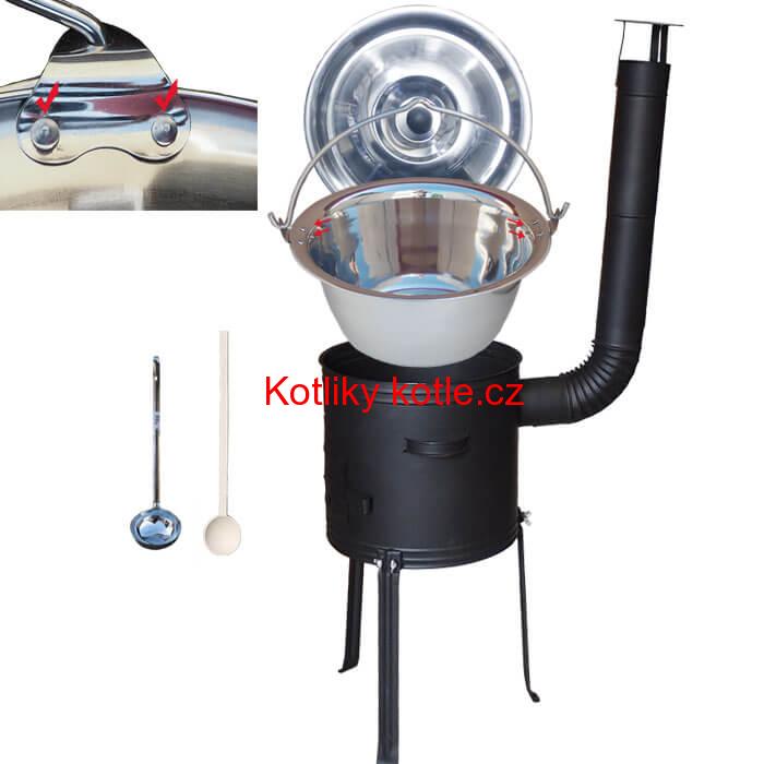 Nerezový kotlík 20 L (0,8 mm) zesílený s nýty + kovová kotlina s vysokými nožičkami 42 cm, žáruvzdorná barva Plus 700 + vařečka a naběračka